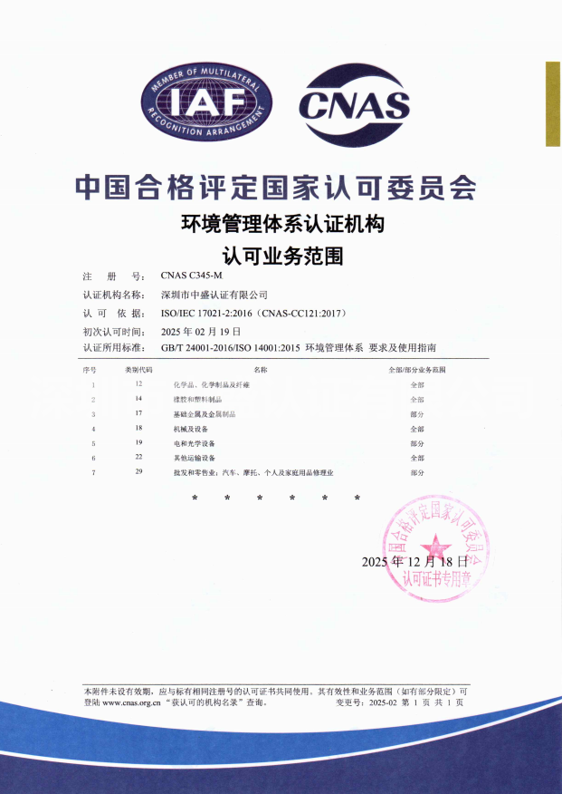环境CNAS批准书